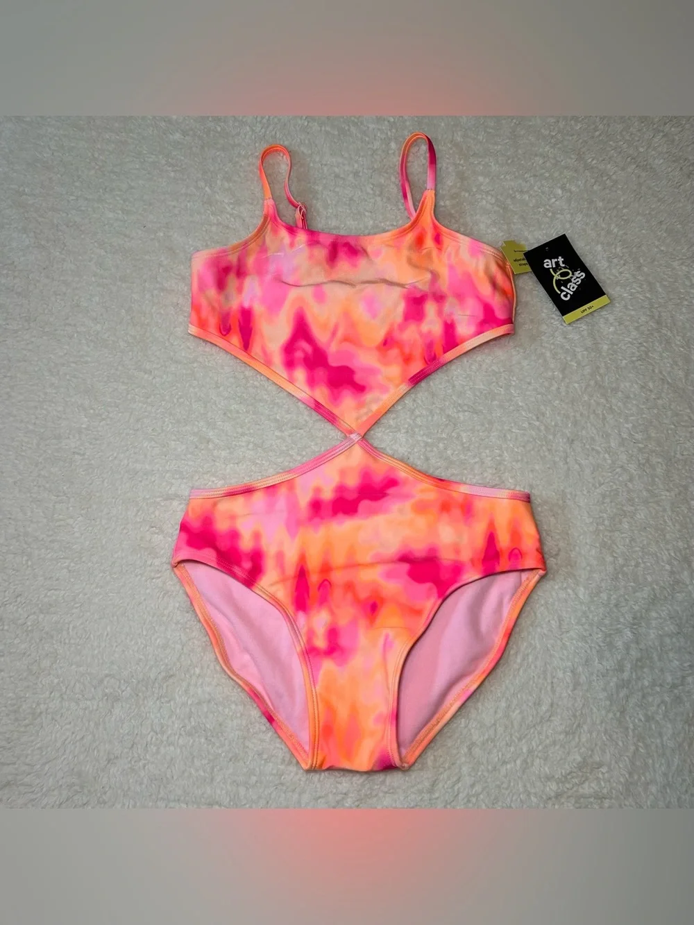 Art Class Girls Orange & Pink Tie Dye Cut Out One Piece Swimsuit XL NEW